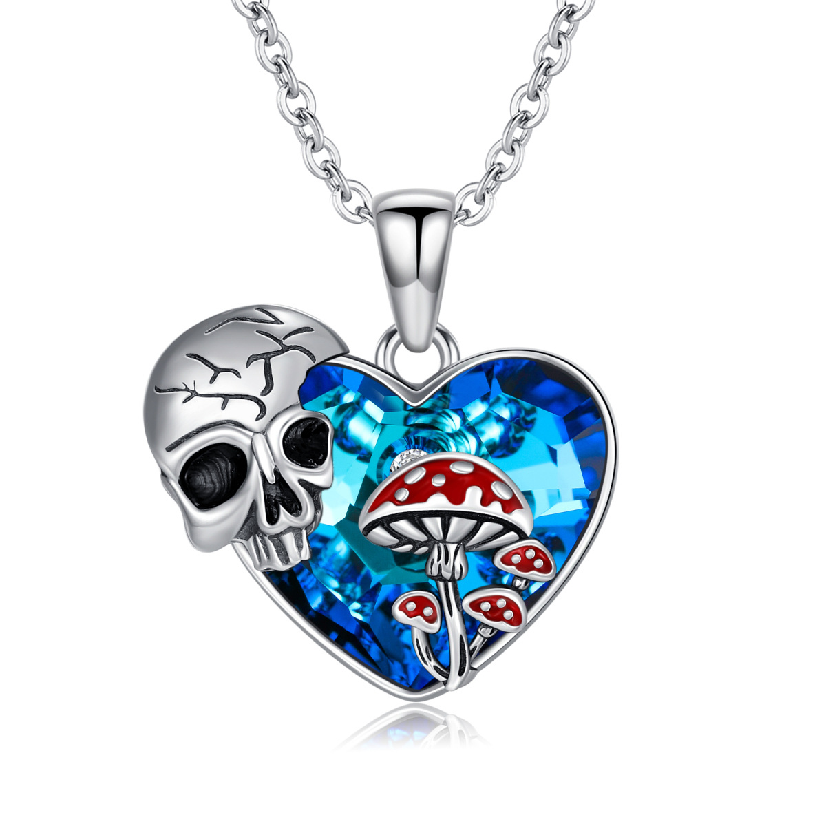 Sterling Silver Mushroom Skull Heart Crystal Pendant Necklace-1