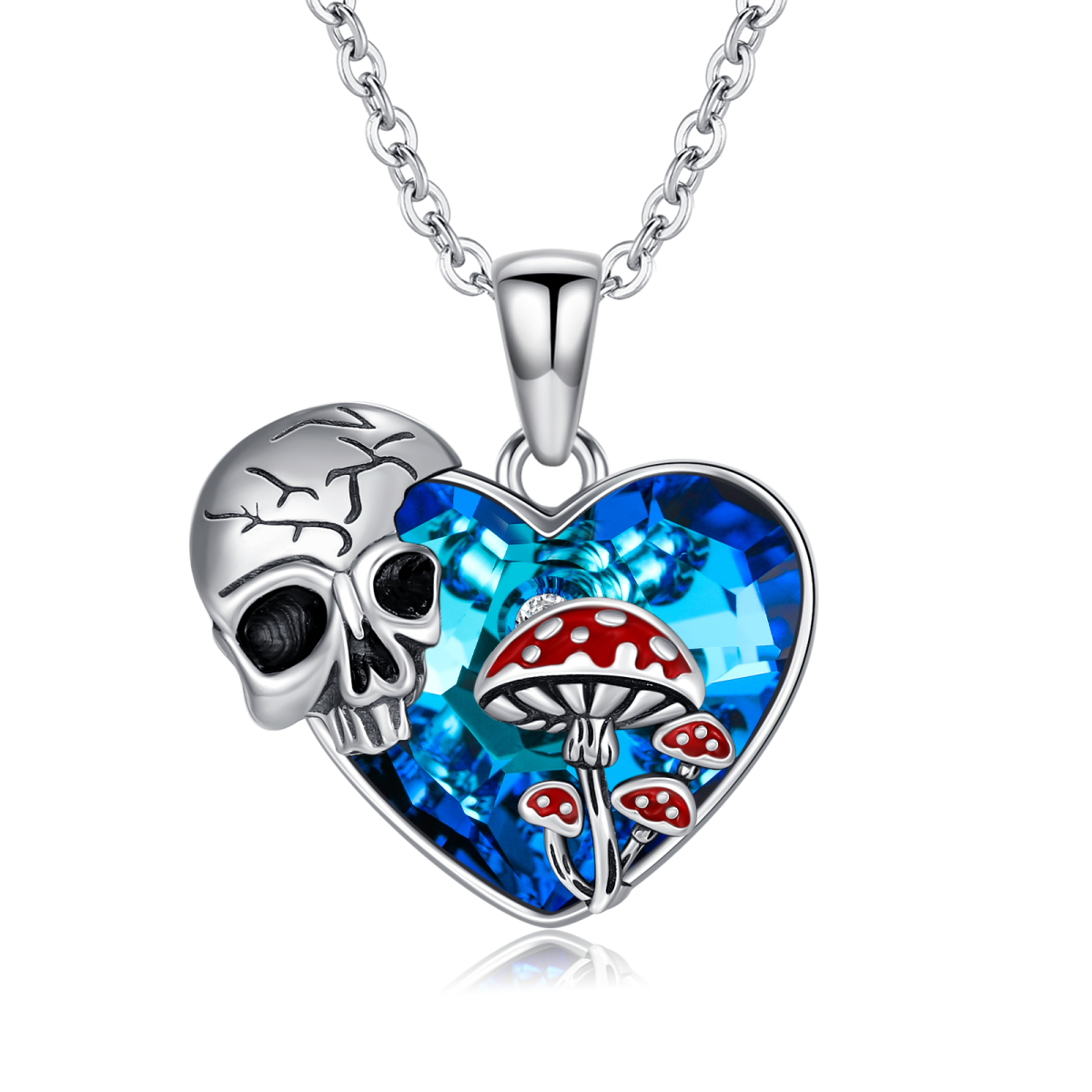 Sterling Silver Mushroom Skull Heart Crystal Pendant Necklace-3