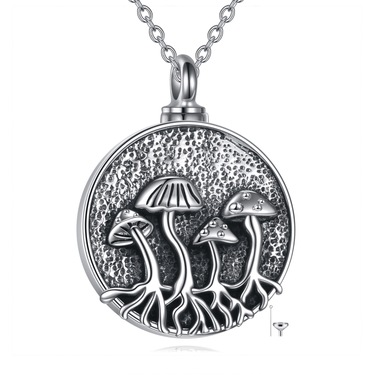 Collana per urna a fungo in argento sterling per ceneri con parola incisa-1