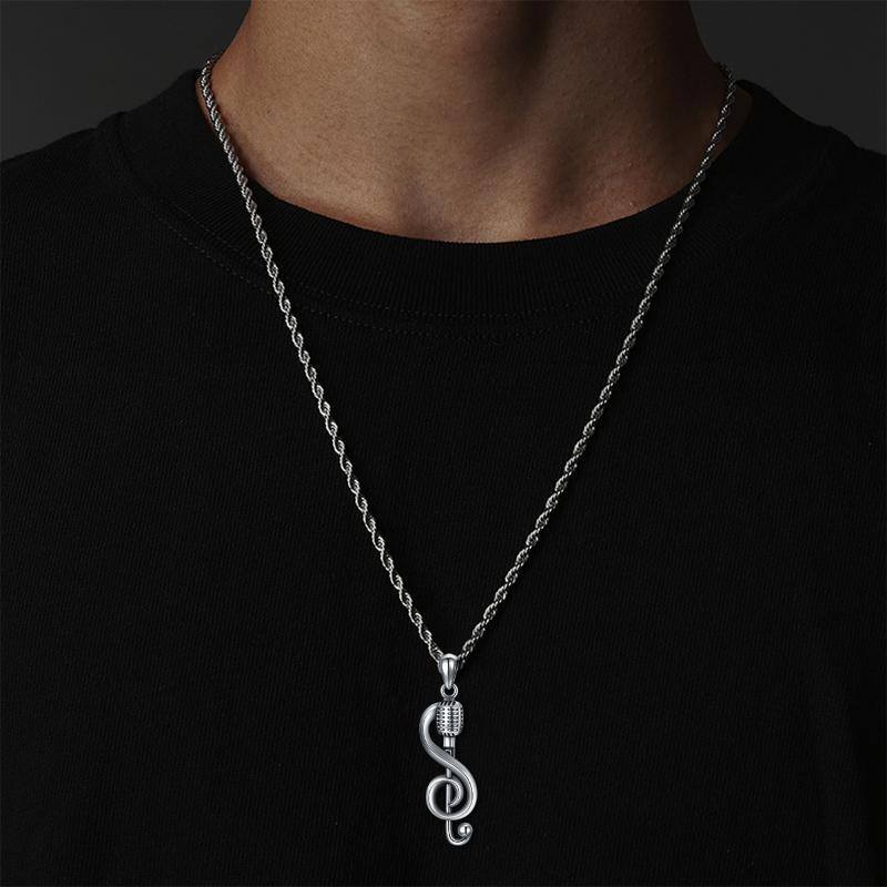 Sterling Silver Music Symbol & Microphone Pendant Necklace-2