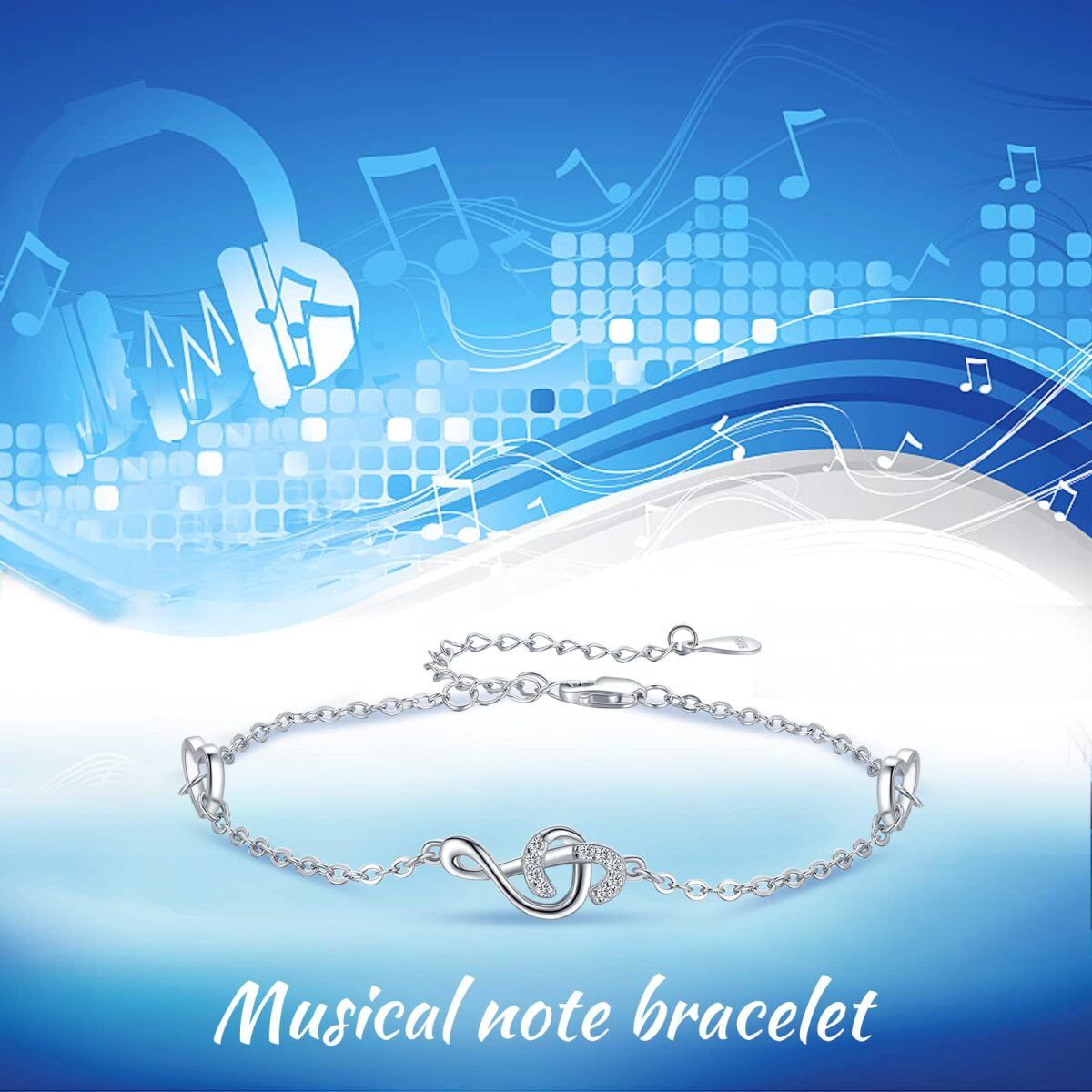 Sterling Silver Cubic Zirconia Music Symbol Pendant Bracelet-6