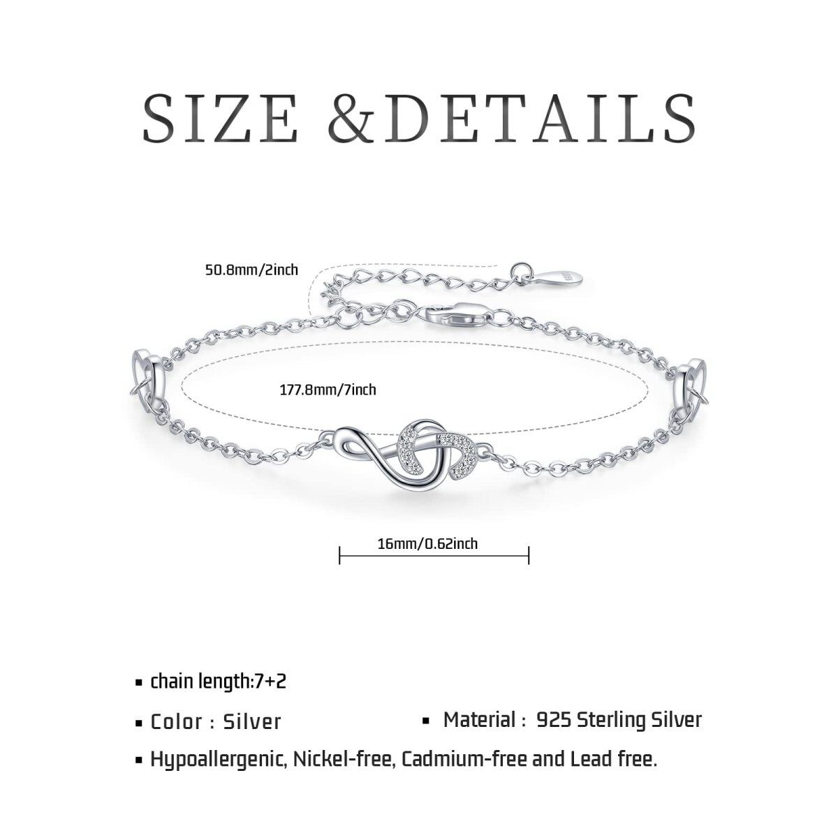 Sterling Silver Cubic Zirconia Music Symbol Pendant Bracelet-7