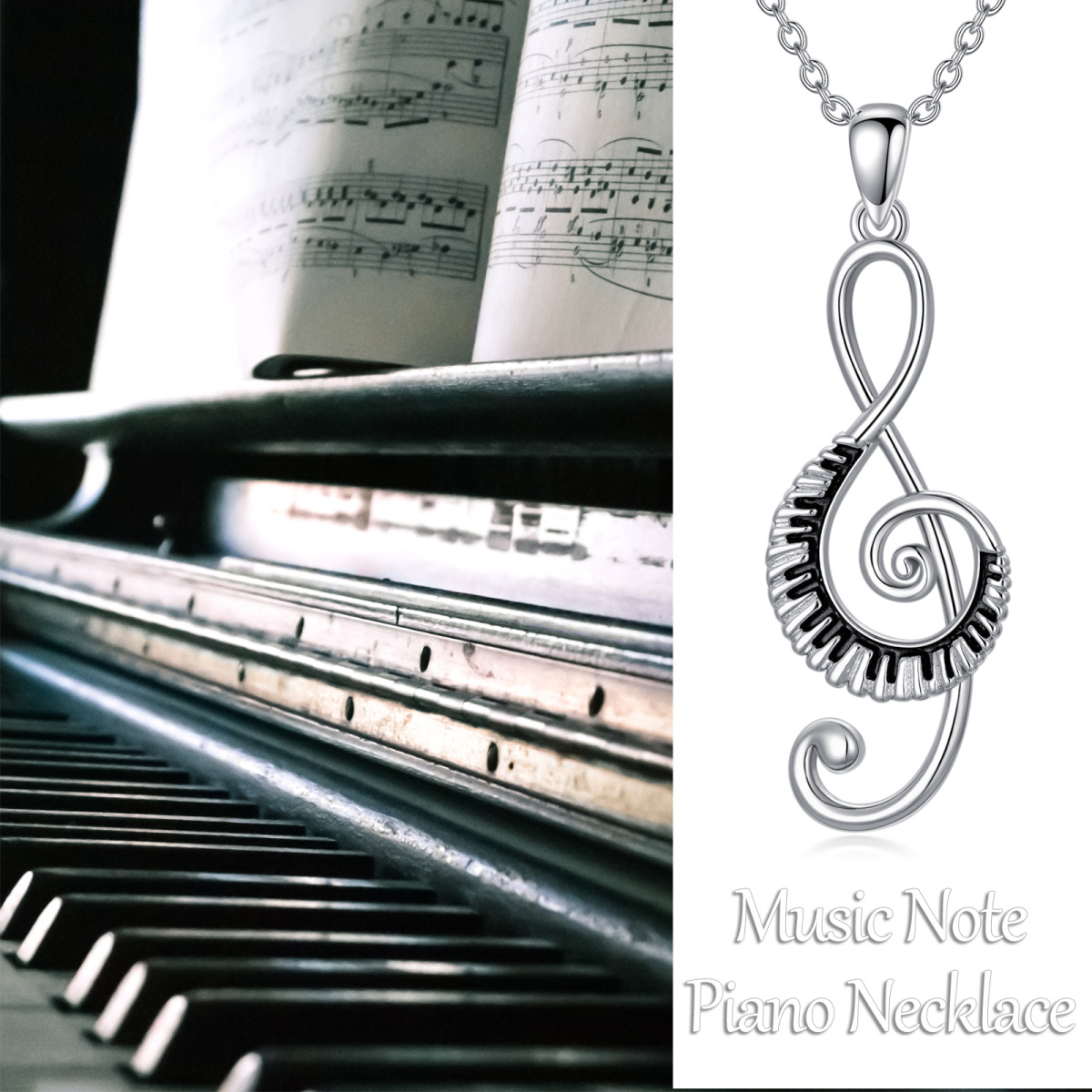 Sterling Silver Music Symbol & Piano Pendant Necklace-3