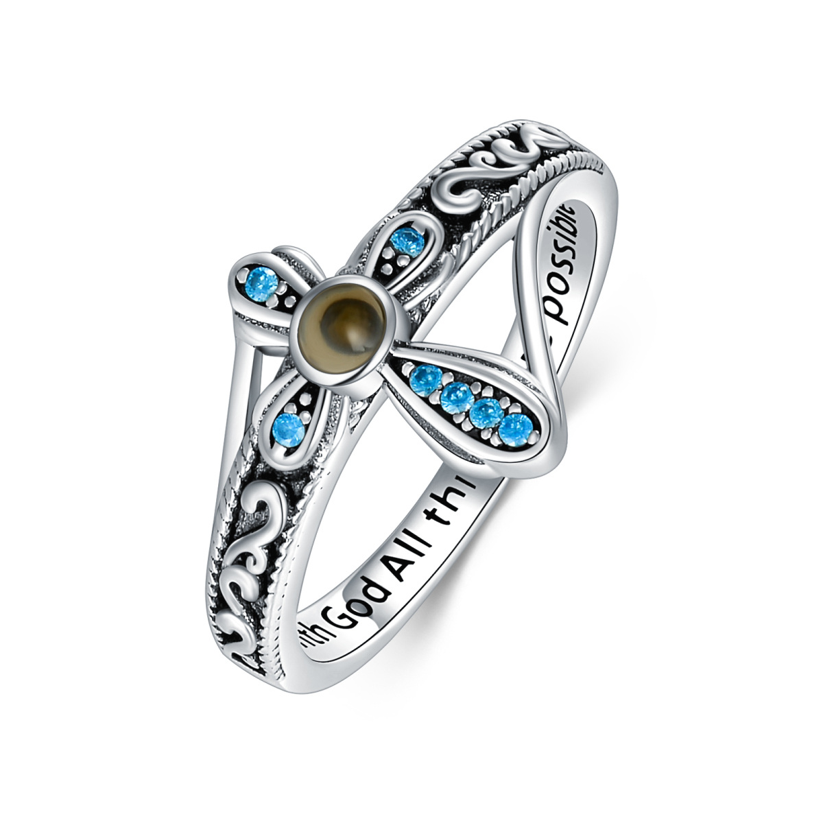 Sterling Silver Mustard Seed Blue Cubic Zirconia Cross Ring With Engraved Word for Women-1