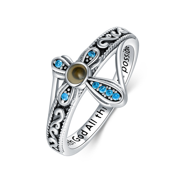 Bague croix en argent sterling avec graines de moutarde et oxyde de zirconium bleu avec mot gravé pour femme-1