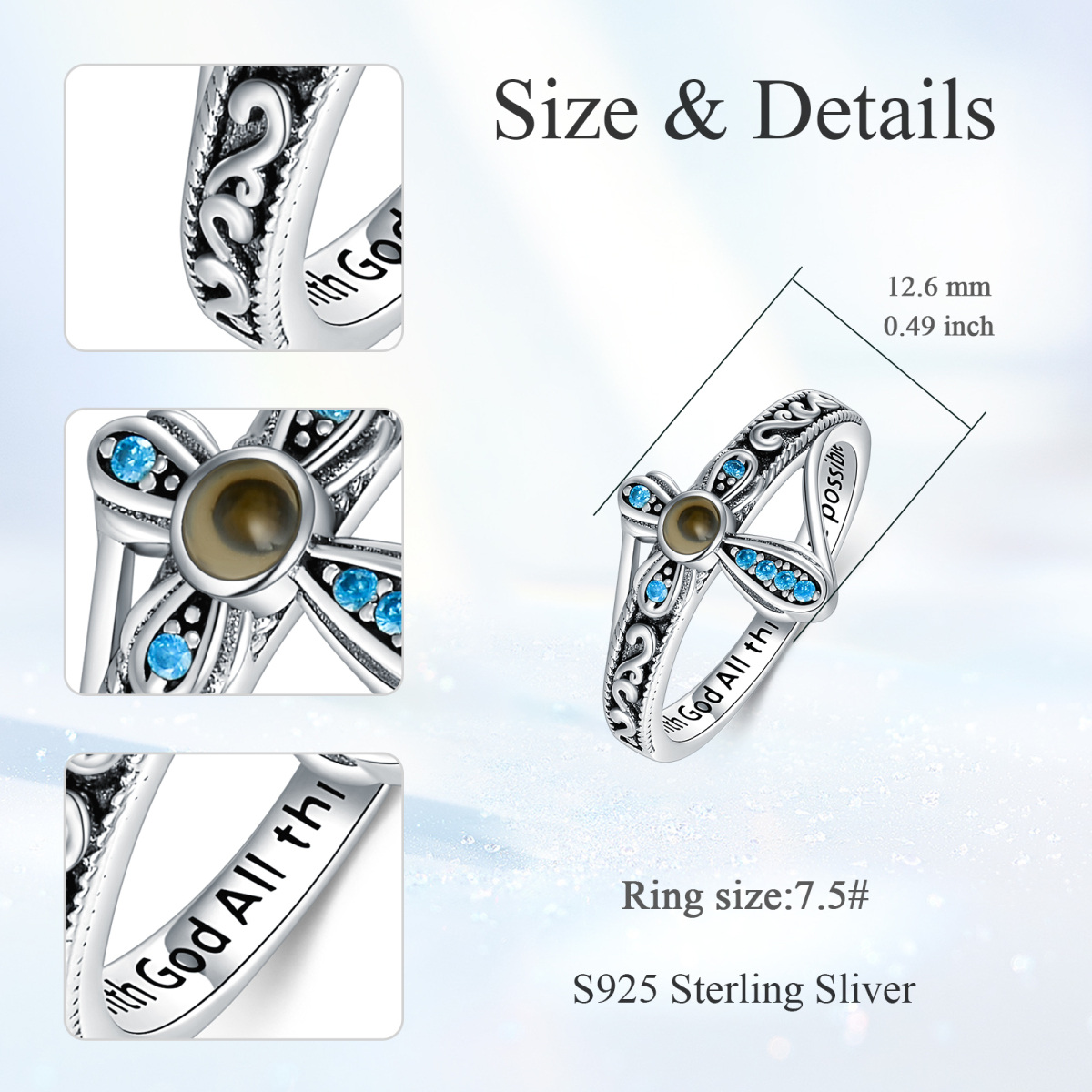 Sterling Silver Mustard Seed Blue Cubic Zirconia Cross Ring With Engraved Word for Women-5