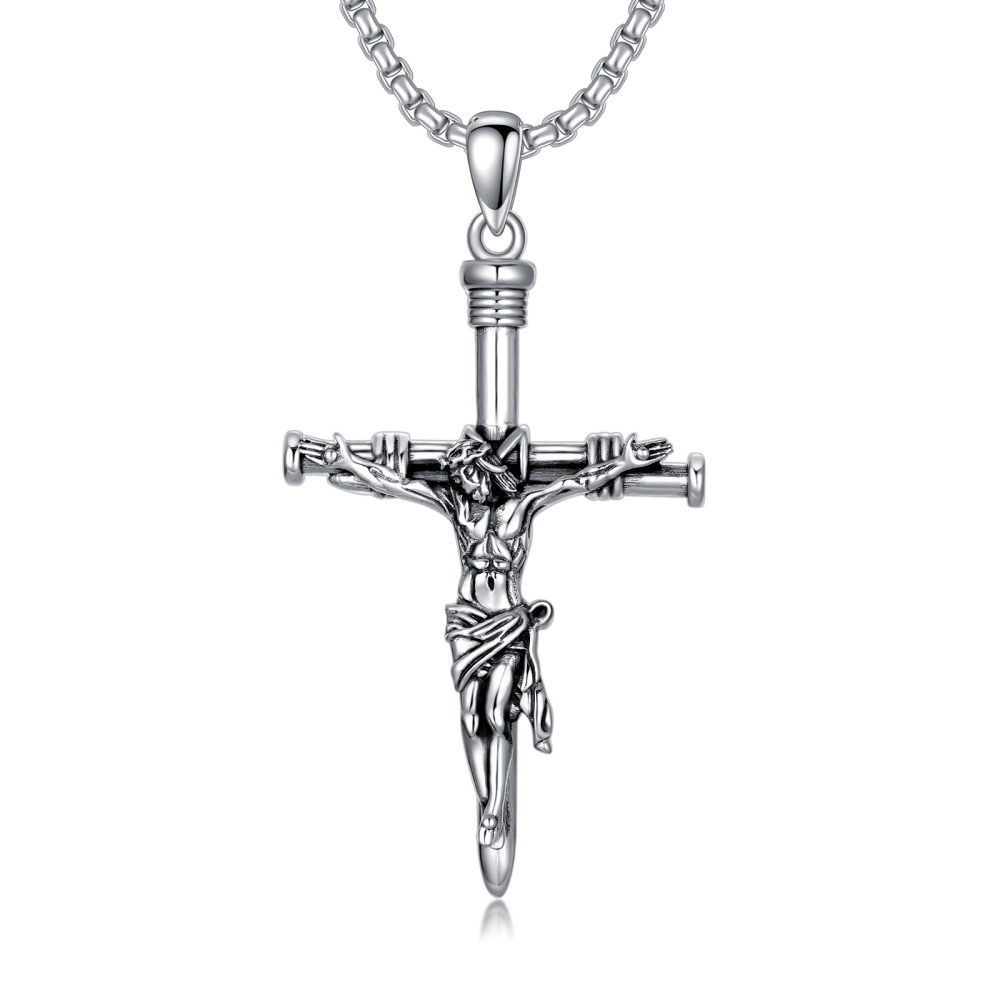 Colar de prata esterlina com pingente de Jesus e cruz de pregos para homem-1
