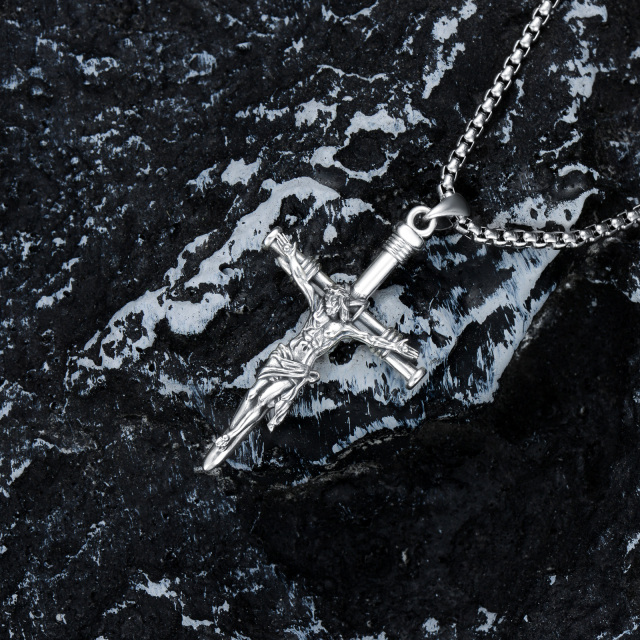 Sterling Silver Nail Cross & Jesus Pendant Necklace for Men-4