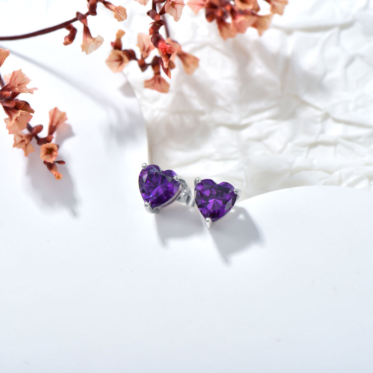 Sterling Silver Natural Amethyst Heart Stud Earring-4