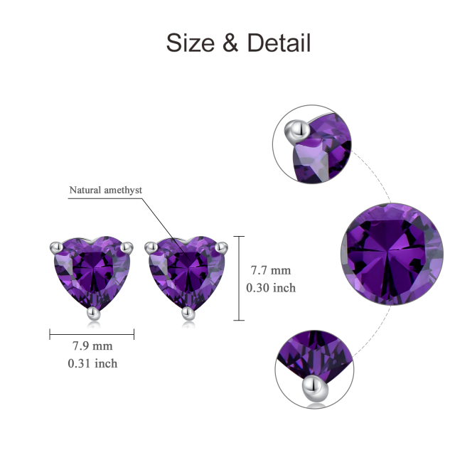 Sterling Silver Natural Amethyst Heart Stud Earring-5