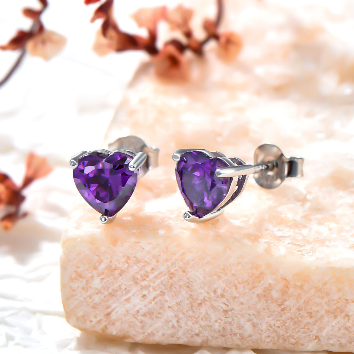 Sterling Silver Natural Amethyst Heart Stud Earring-6