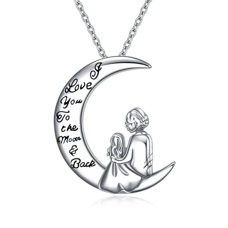 Sterling Silver Mother & Daughter Moon Engraved Necklace for Women-1