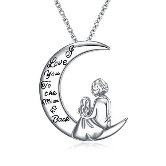 Sterling Silver Mother & Daughter Moon Engraved Necklace for Women