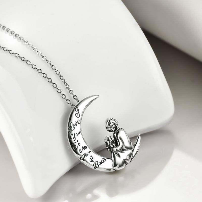 Sterling Silver Mother & Daughter Moon Engraved Necklace for Women-4