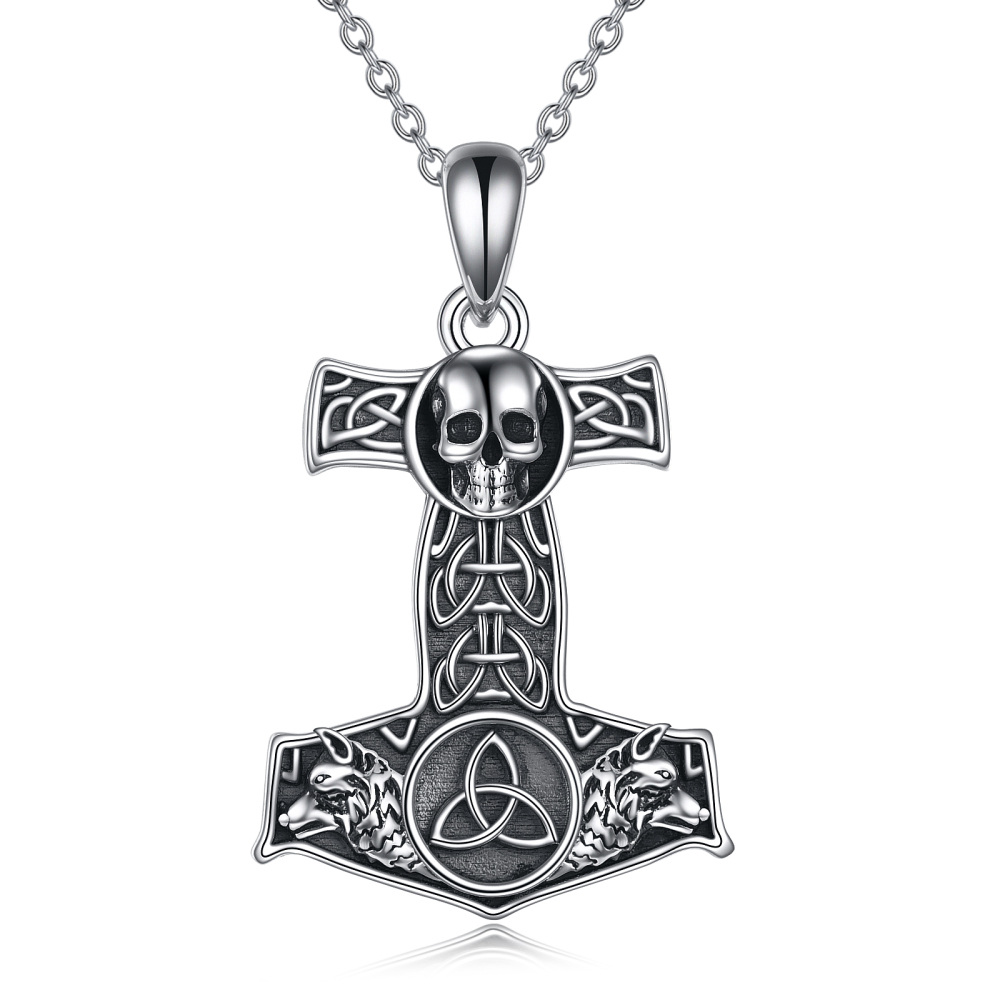 Sterling Silver Celtic Knot & Skull Thor's Hammer Pendant Necklace for Men-1