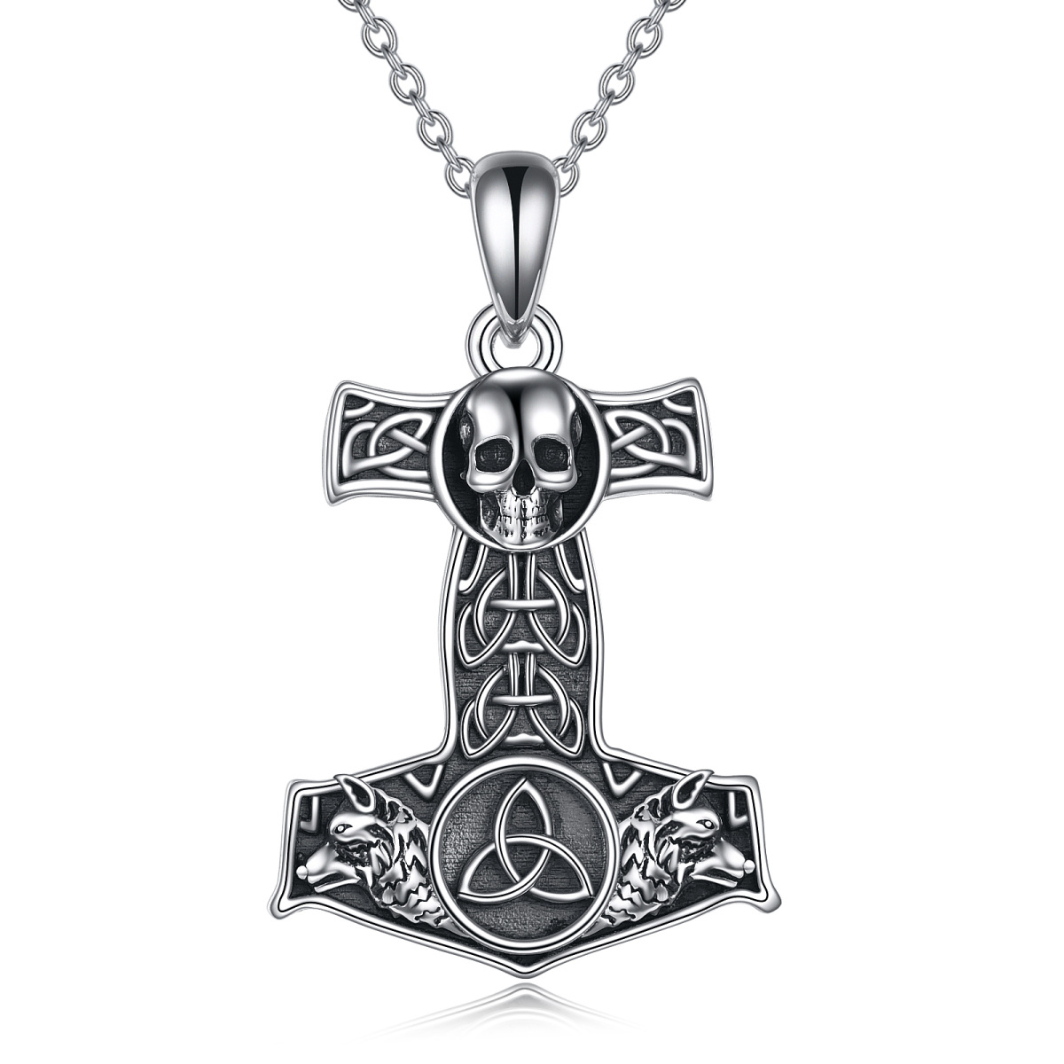 Halskette mit Anhänger aus Sterlingsilber mit keltischem Knoten und Totenkopf und Thorshammer für Herren-1