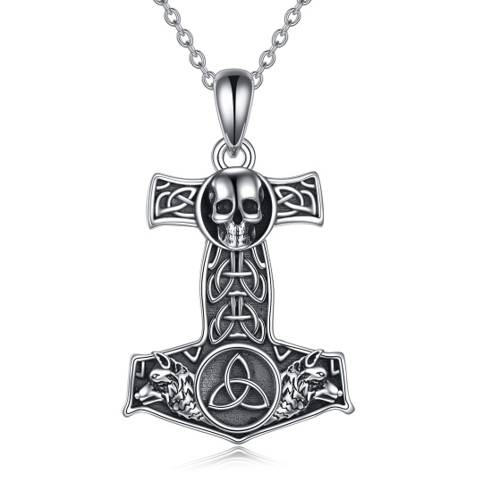 Collier avec pendentif en argent sterling avec nœud celtique et tête de mort et marteau de Thor pour homme