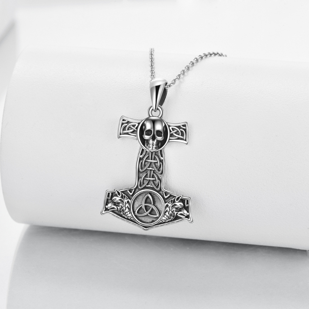 Sterling Silver Celtic Knot & Skull Thor's Hammer Pendant Necklace for Men-3