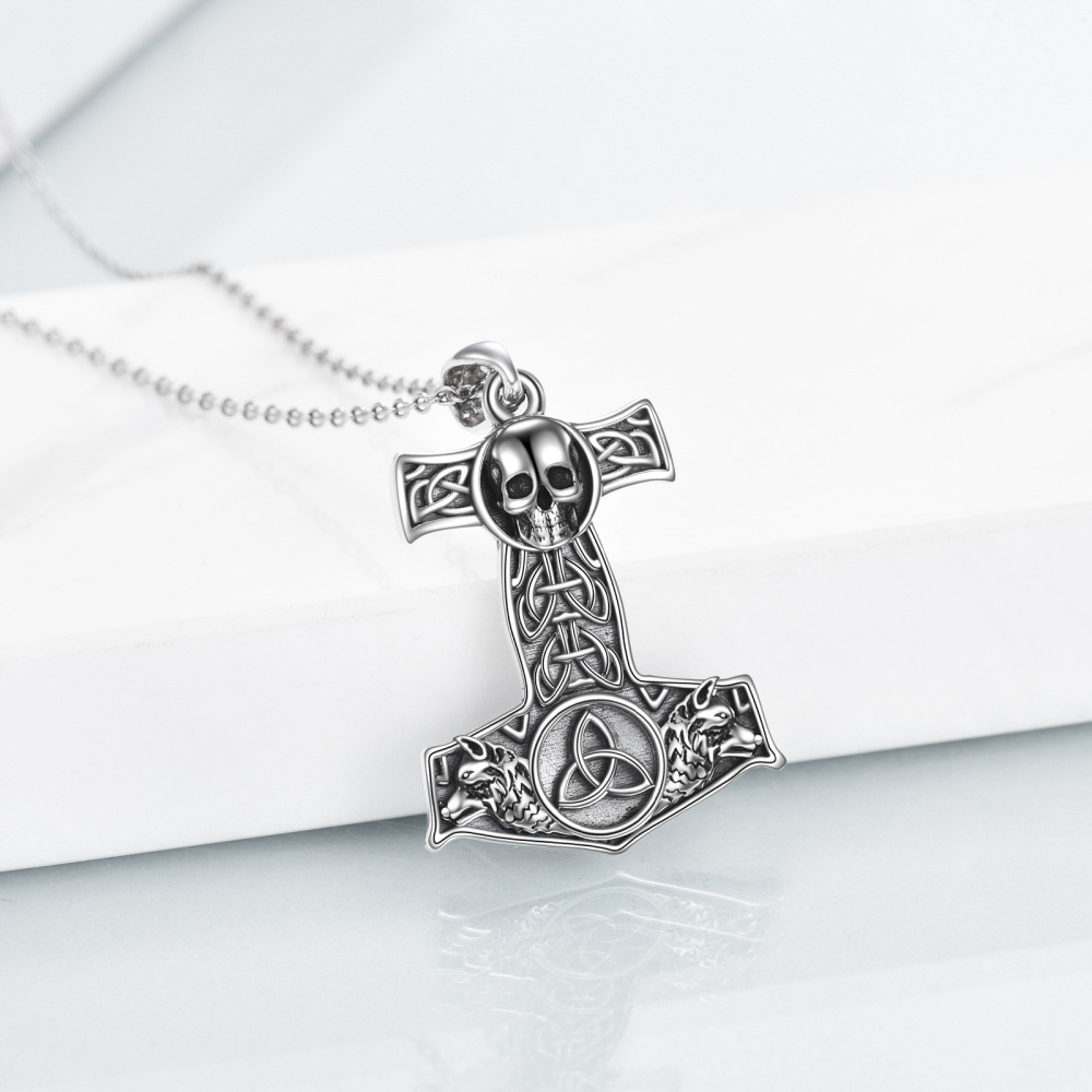 Sterling Silver Celtic Knot & Skull Thor's Hammer Pendant Necklace for Men-4