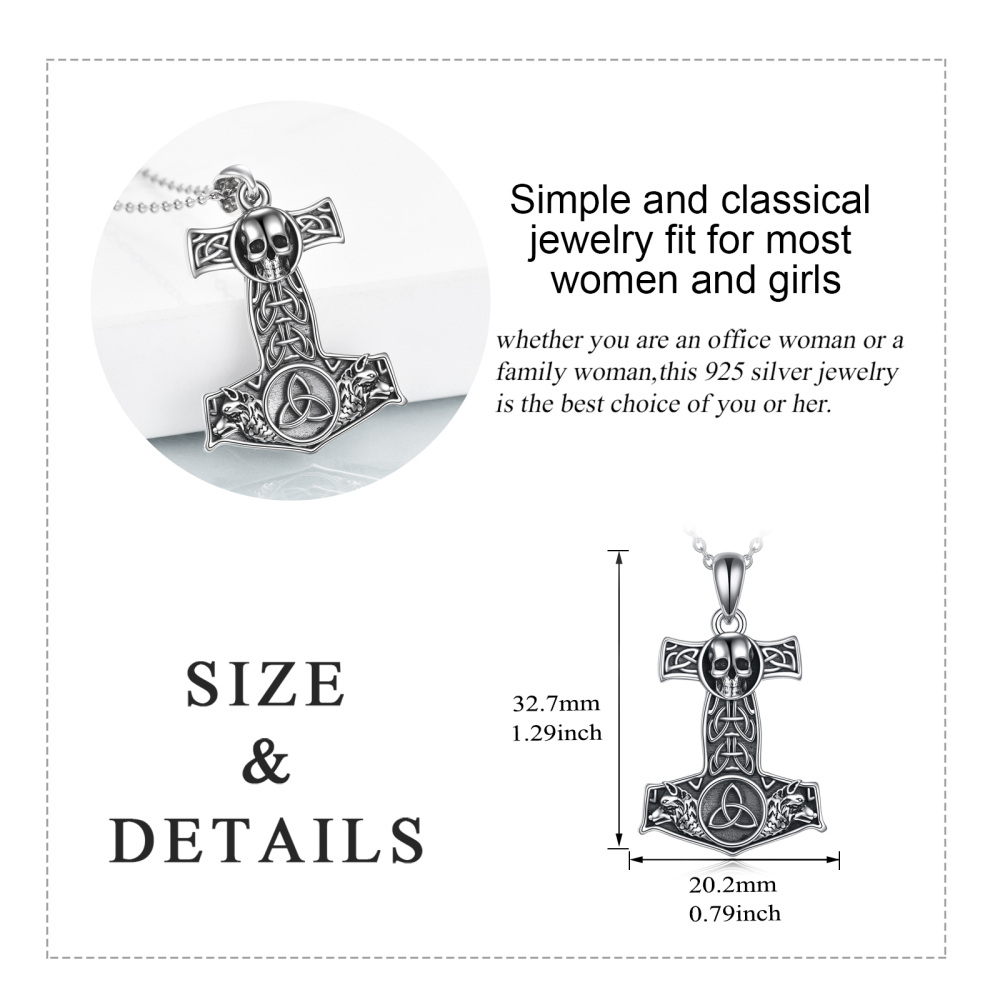 Sterling Silver Celtic Knot & Skull Thor's Hammer Pendant Necklace for Men-5