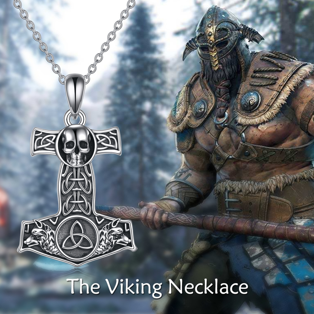 Sterling Silver Celtic Knot & Skull Thor's Hammer Pendant Necklace for Men-6
