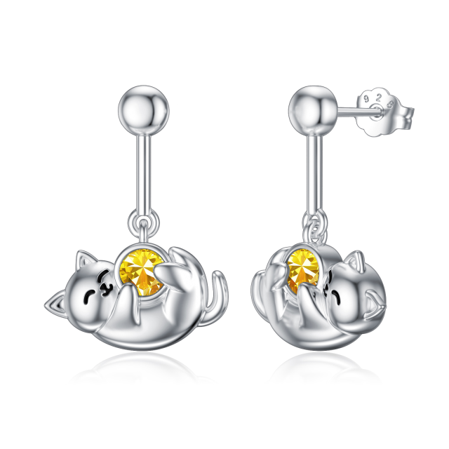 Sterling Silver November Birthstone Cubic Zirconia Cat Stud Earrings for Girls Women-1