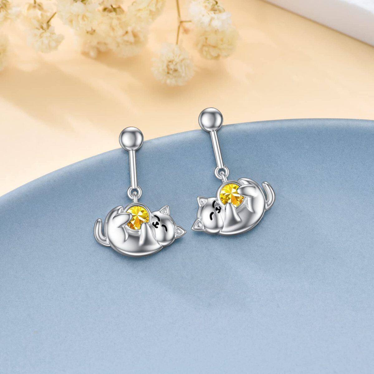 Sterling Silver November Birthstone Cubic Zirconia Cat Stud Earrings for Girls Women-3