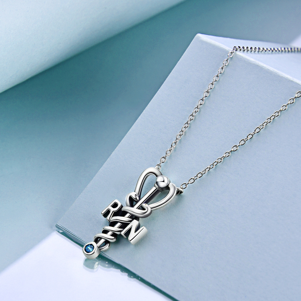 Sterling Silver Cubic Zirconia Snake Heart Stethoscope Necklace for Women Men-3