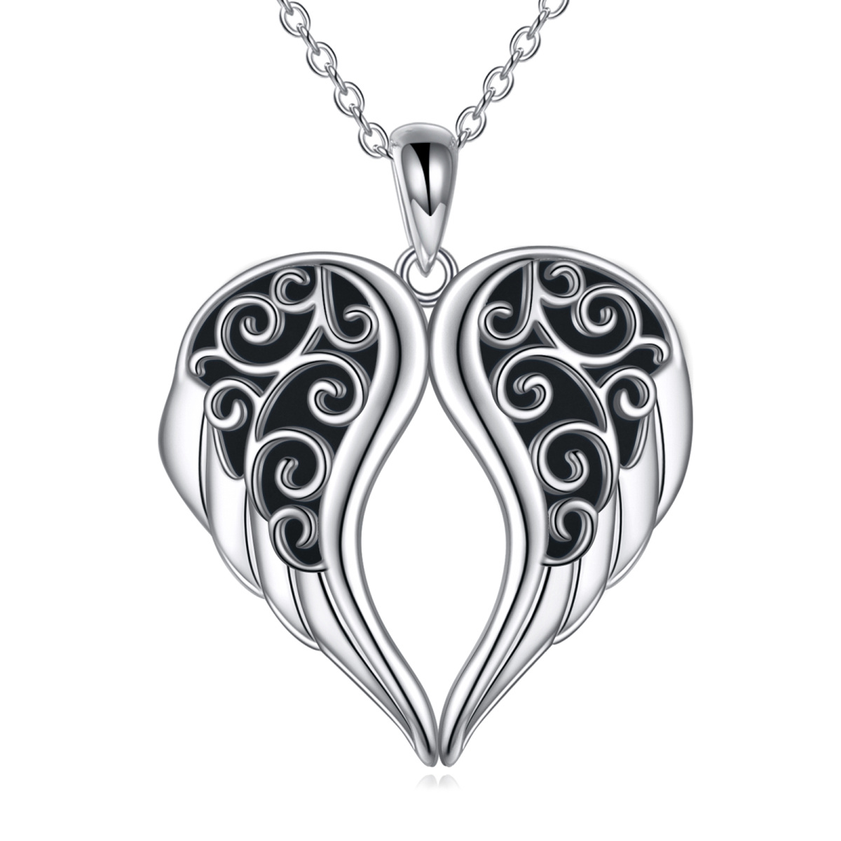 Sterling Silver Obsidian Angel Wing Pendant Necklace-1