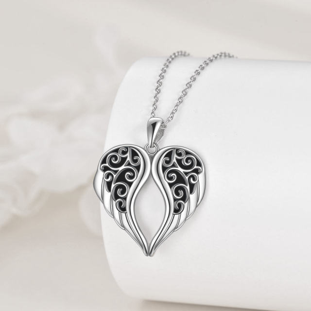 Sterling Silver Obsidian Angel Wing Pendant Necklace-4