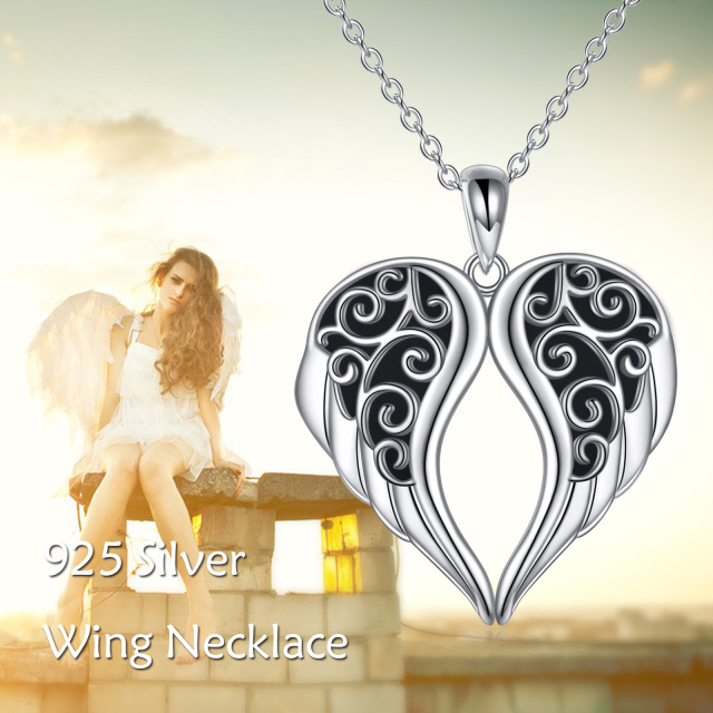 Sterling Silver Obsidian Angel Wing Pendant Necklace-6