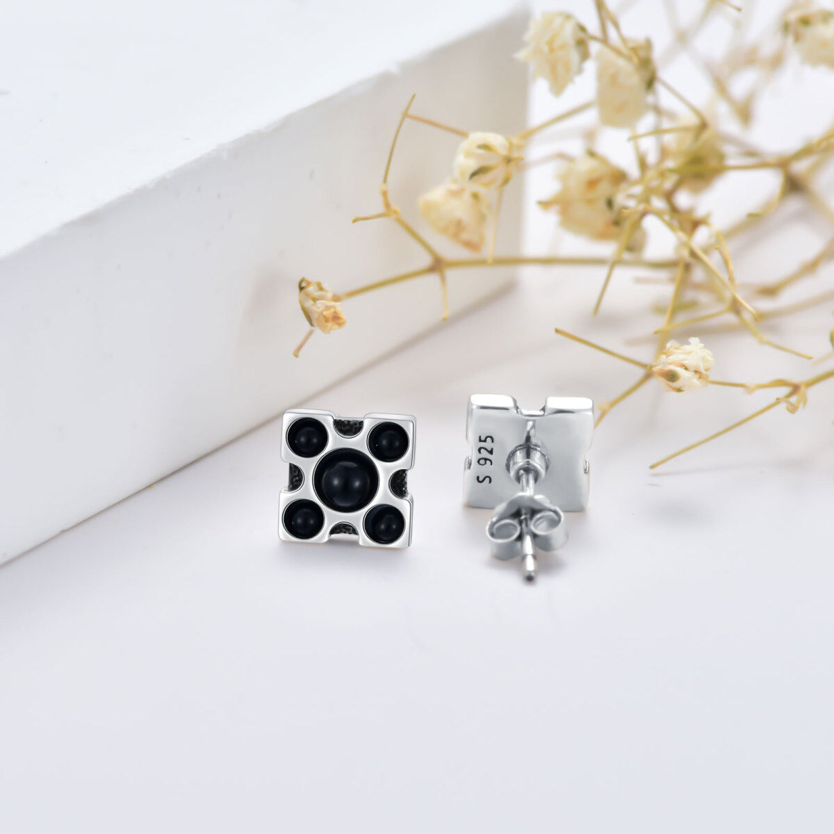 Sterling Silver Obsidian Square Stud Earrings-10