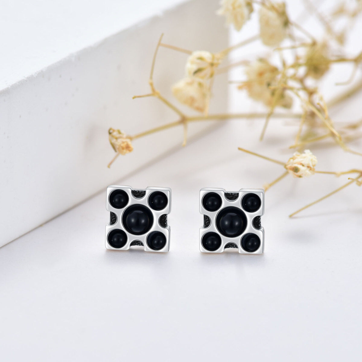 Sterling Silver Obsidian Square Stud Earrings-11