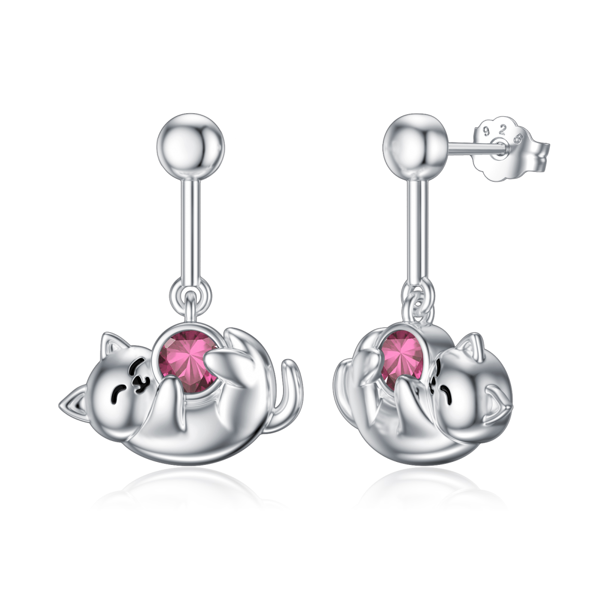 Sterling Silver October Birthstone Cubic Zirconia Cat Stud Earrings for Girls Women-1