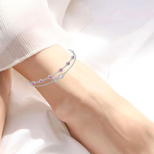 Sterling Silver Cubic Zirconia October Birthstone Infinity Symbol Multi-layered Anklet-3