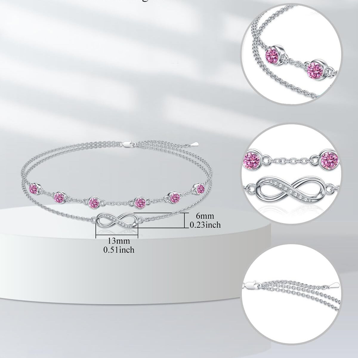 Tobillera de varias capas con símbolo del infinito y piedra natal de octubre y circonita cúbica en plata de ley-4