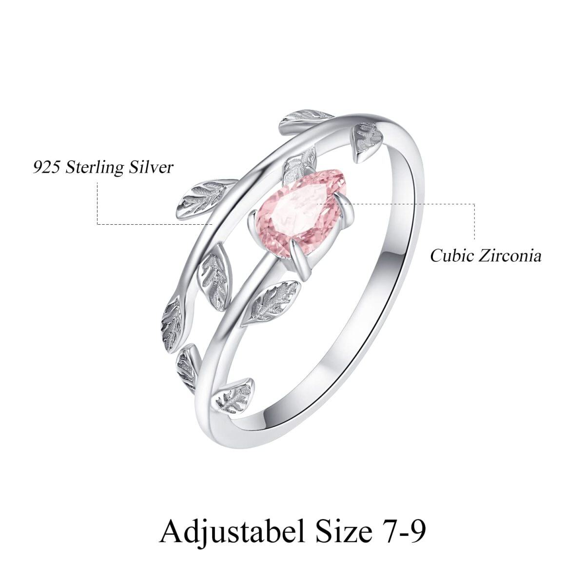 Offener Ring aus Sterlingsilber mit Geburtsstein für Oktober und Blättern in Birnenform mit Zirkonia-4