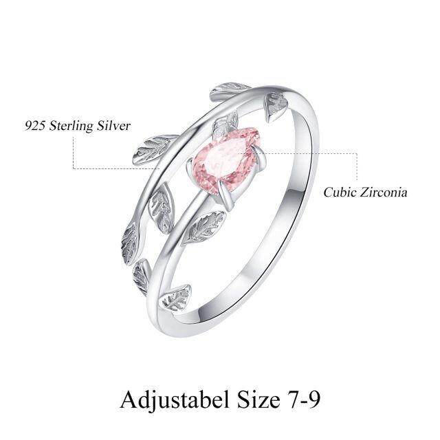 Anello aperto in argento sterling con pietra portafortuna di ottobre, a forma di pera e foglie di zirconia cubica-4