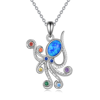 Sterling Silver Cubic Zirconia Octopus & Chakras Pendant Necklace-11