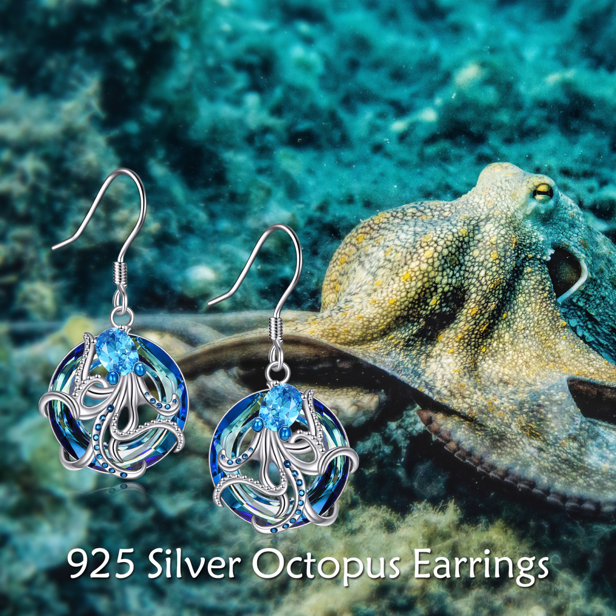 Sterling Silver Cubic Zirconia Octopus Drop Earrings-6