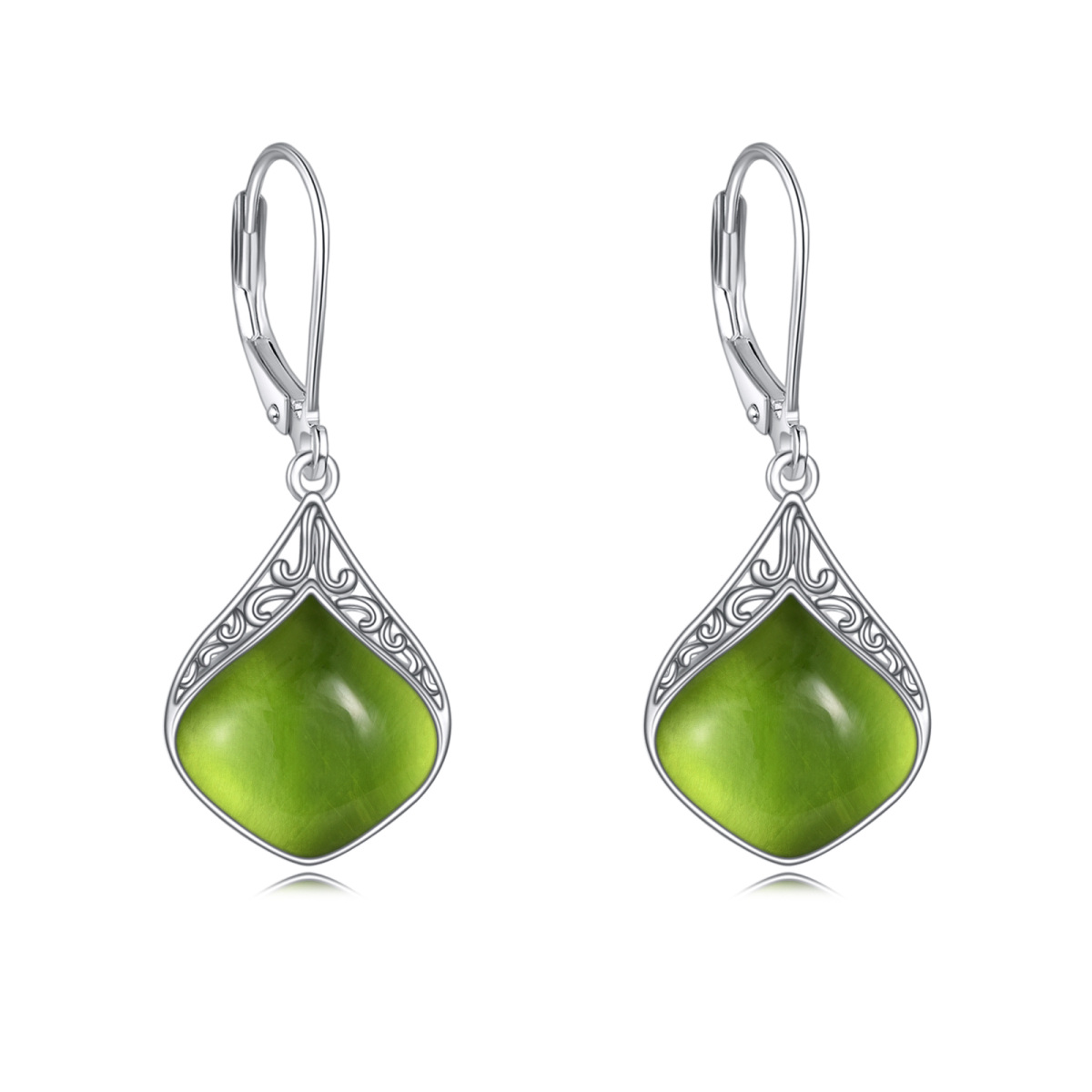 Sterling Silver Olivine Drop Shape Lever-back Earrings-1