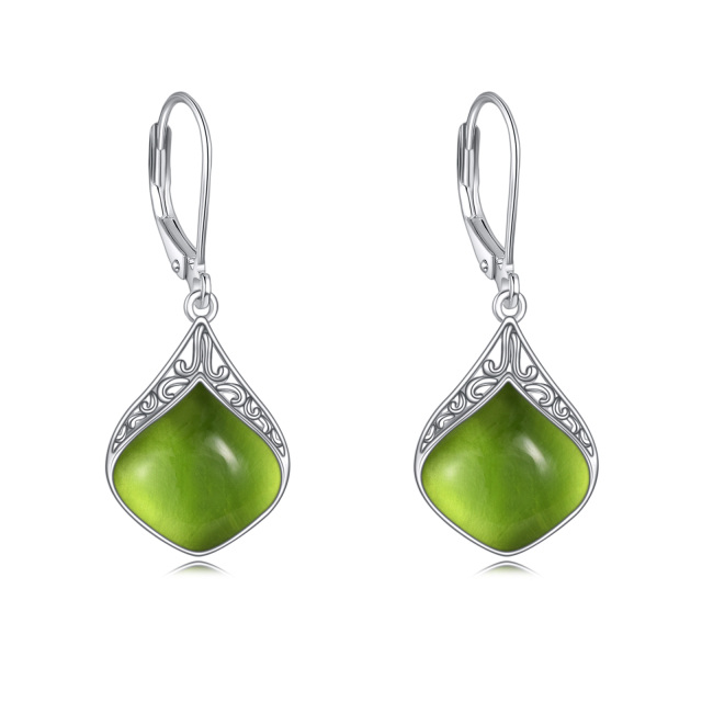 Sterling Silver Olivine Drop Shape Lever-back Earrings-2