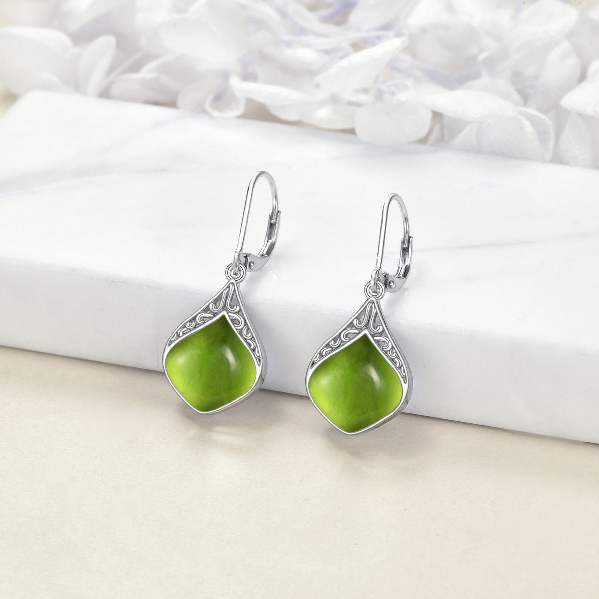 Sterling Silver Olivine Drop Shape Lever-back Earrings-4