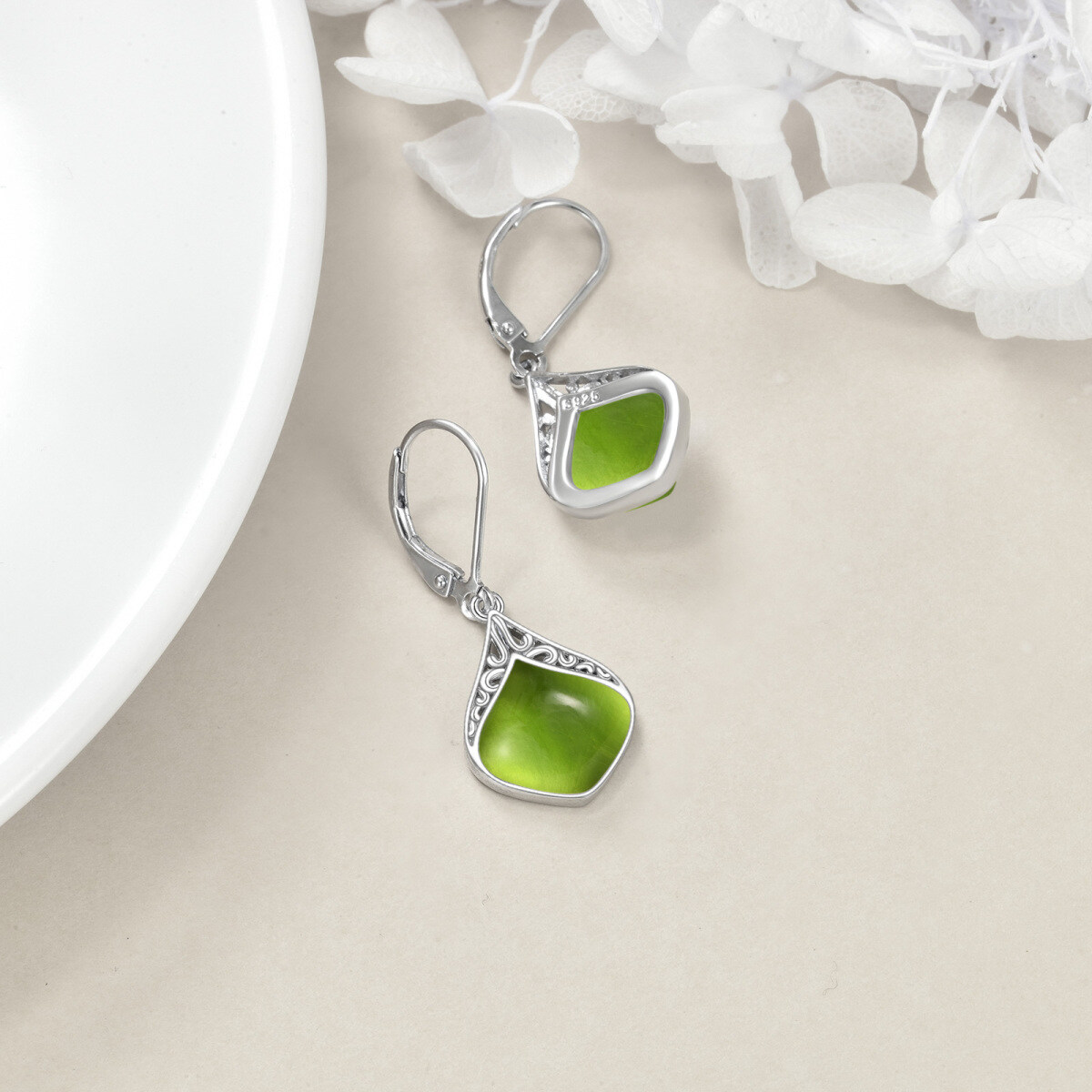 Sterling Silver Olivine Drop Shape Lever-back Earrings-5