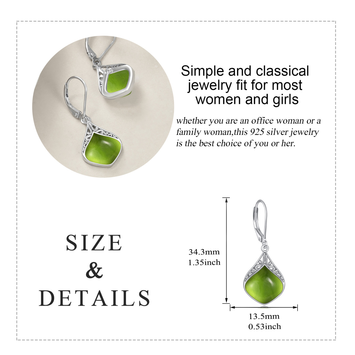 Sterling Silver Olivine Drop Shape Lever-back Earrings-6