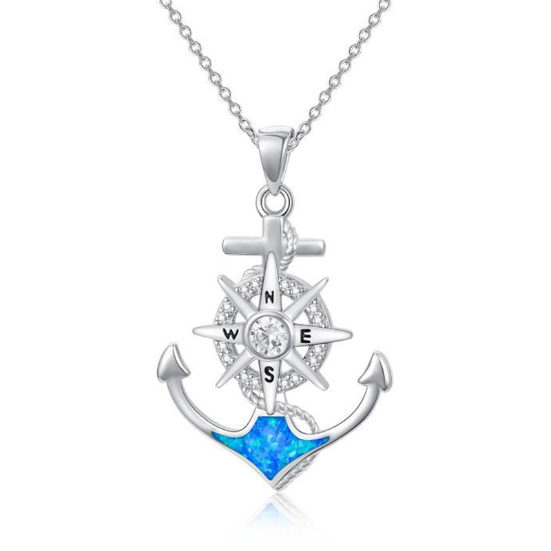 Sterling Silver Opal Anchor & Compass Pendant Necklace-20