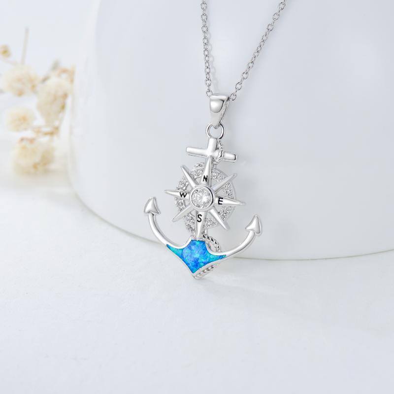 Sterling Silver Opal Anchor & Compass Pendant Necklace-3