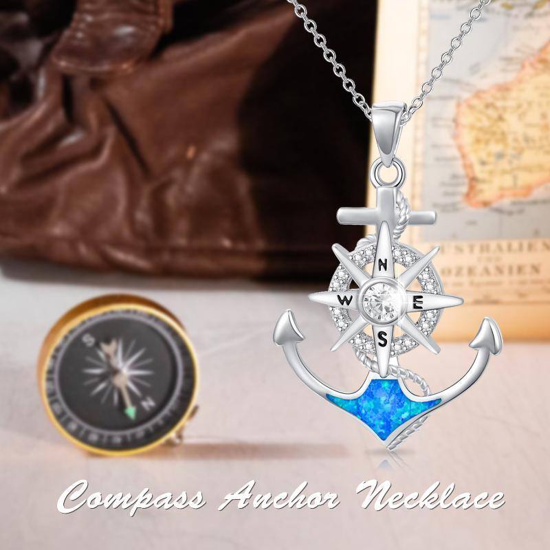 Sterling Silver Opal Anchor & Compass Pendant Necklace-5