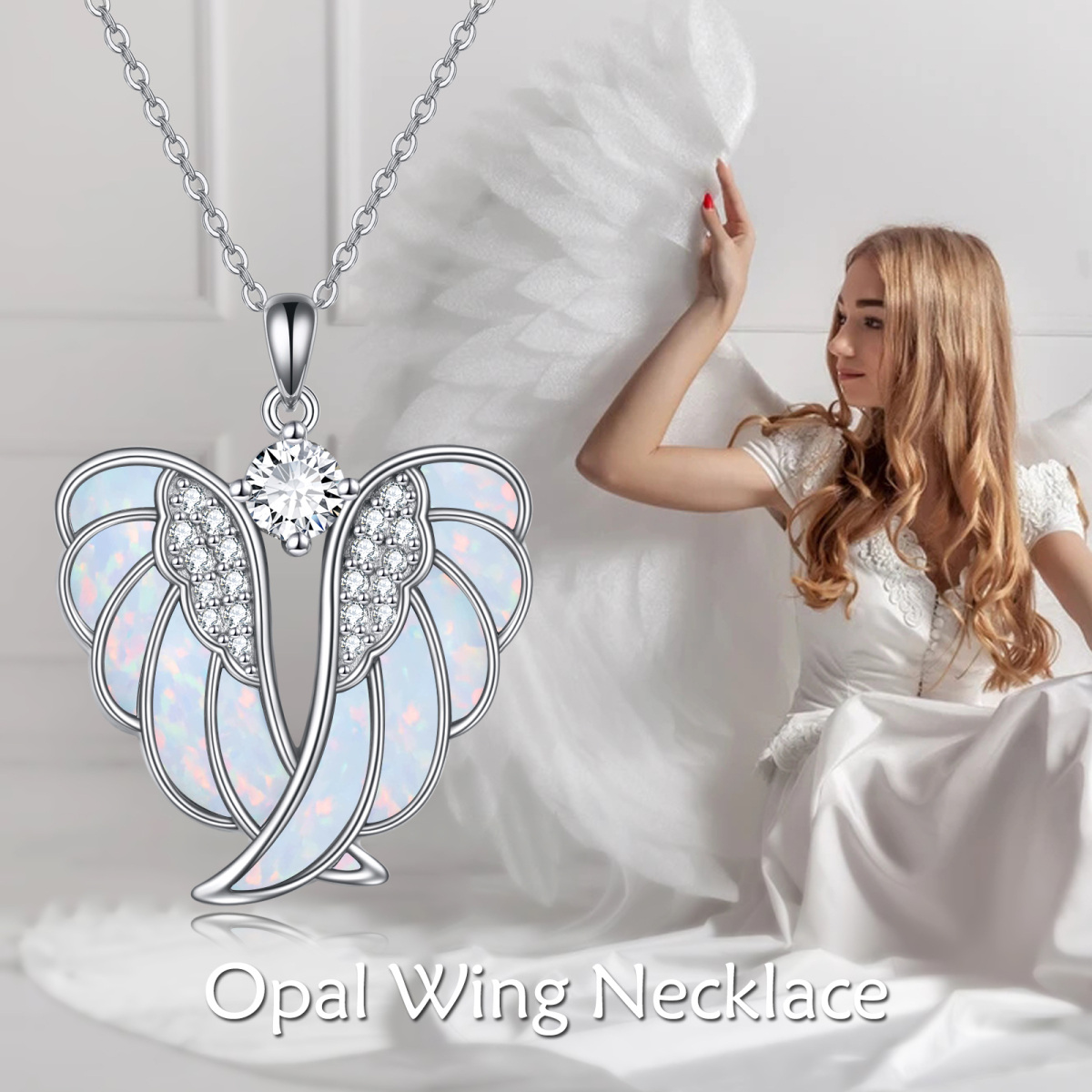 Sterling Silber Opal Angel Wings Anhänger Halskette-5