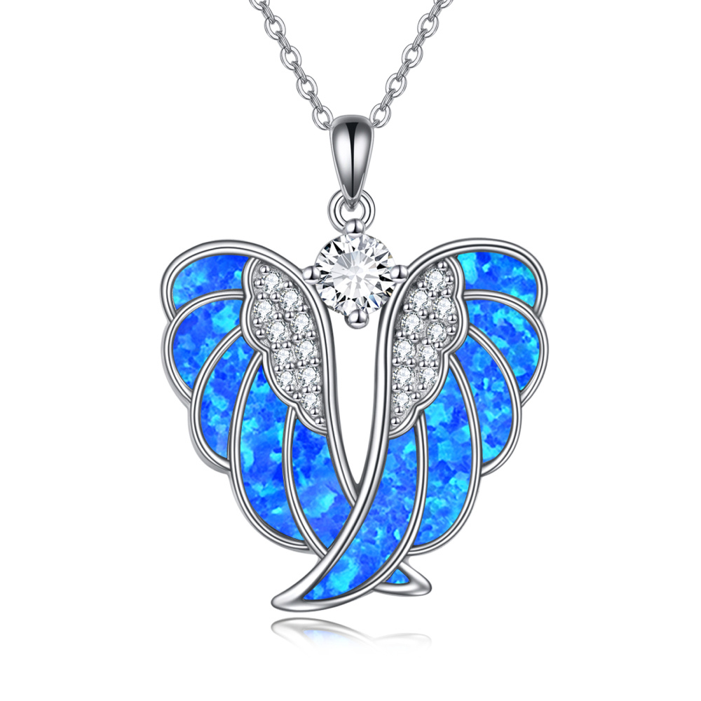 Sterling Silver Opal Angel Wings Pendant Necklace-1